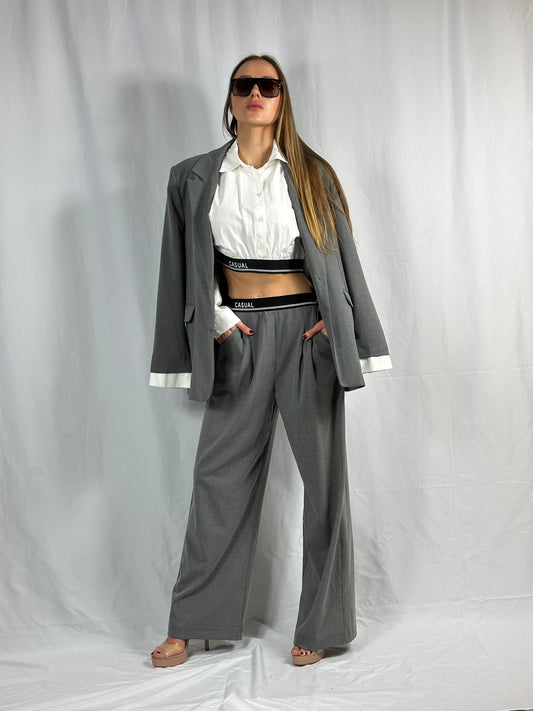 Oversized Casual Blazer & Wide Leg High Waist Pants 2 Piece Suit Set. Grey Blazer&Pants Matching Set